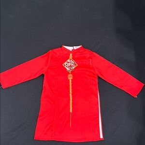 Red Traditional Ao Dai Vietnamese Dress with Gold Embroidery
